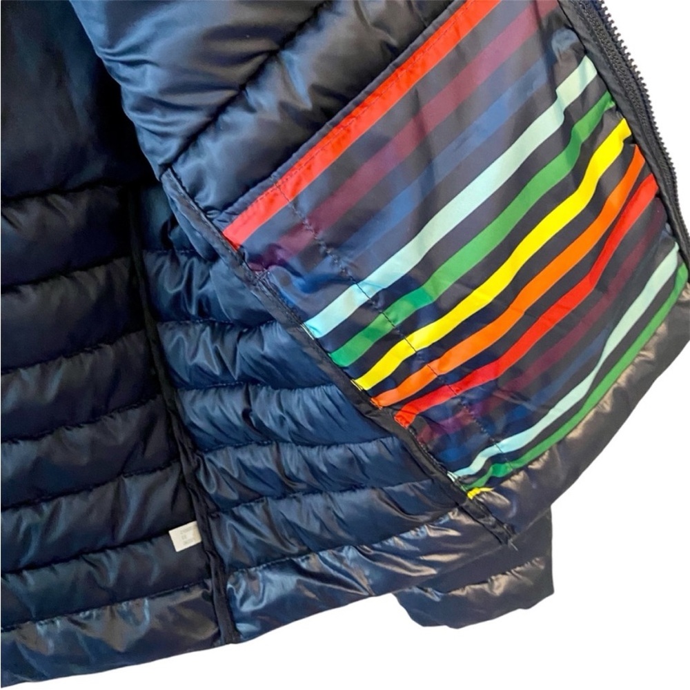 Primary Rainbow Bright Stripe Lightweight Puffer Navy Jacket, Womens size Medium - Picture 6 of 11